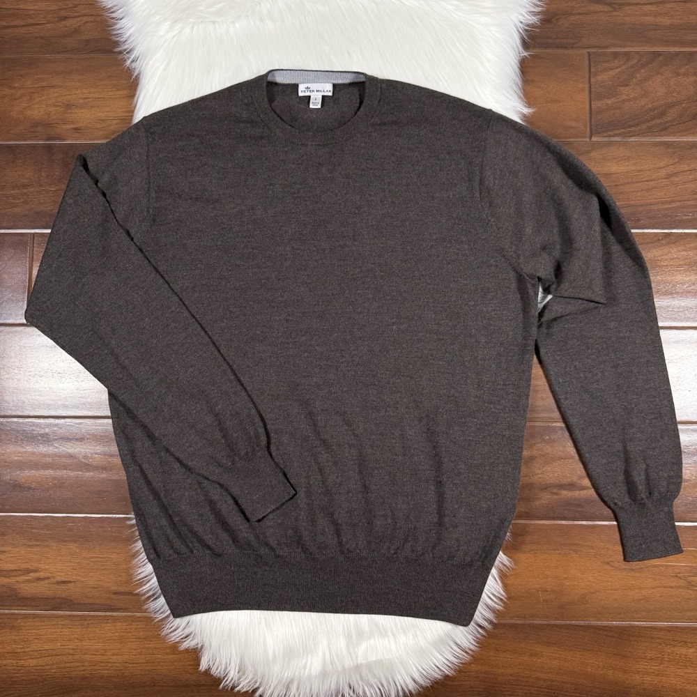 Peter Millar Men's Size Large Brown Merino Wool Silk Blend Crewneck Sweater